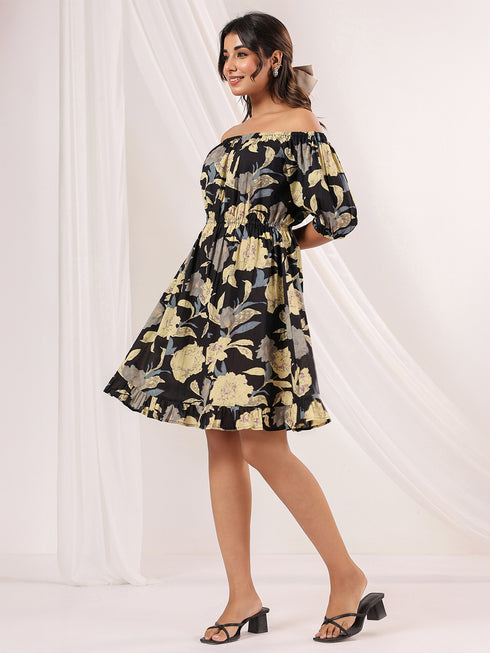 Janasya Women's Black Pure Cotton Floral Printed A-line Dress